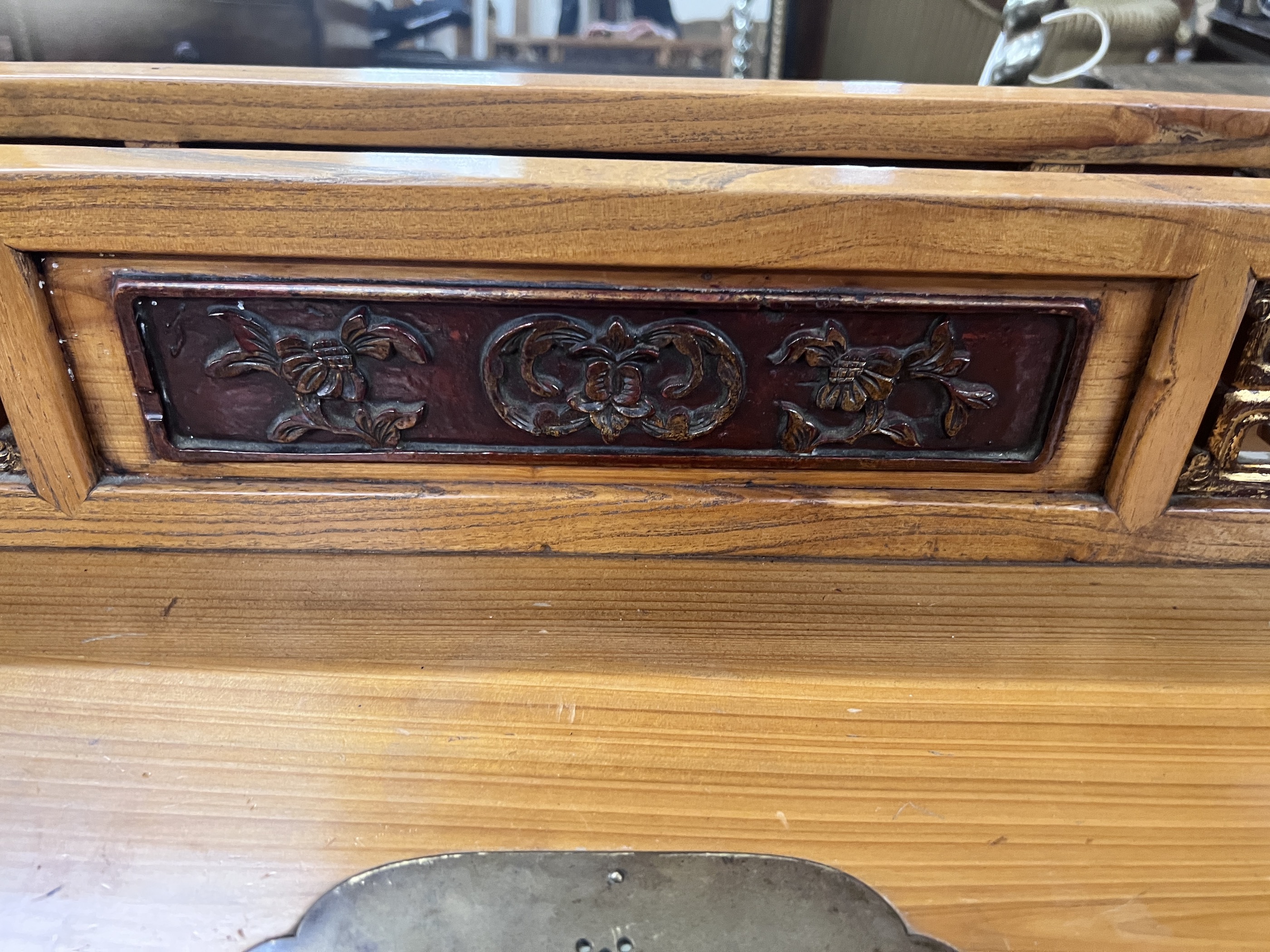 A Chinese brass mounted gilt painted pine fall front cabinet, width 80cm, depth 53cm, height 94cm